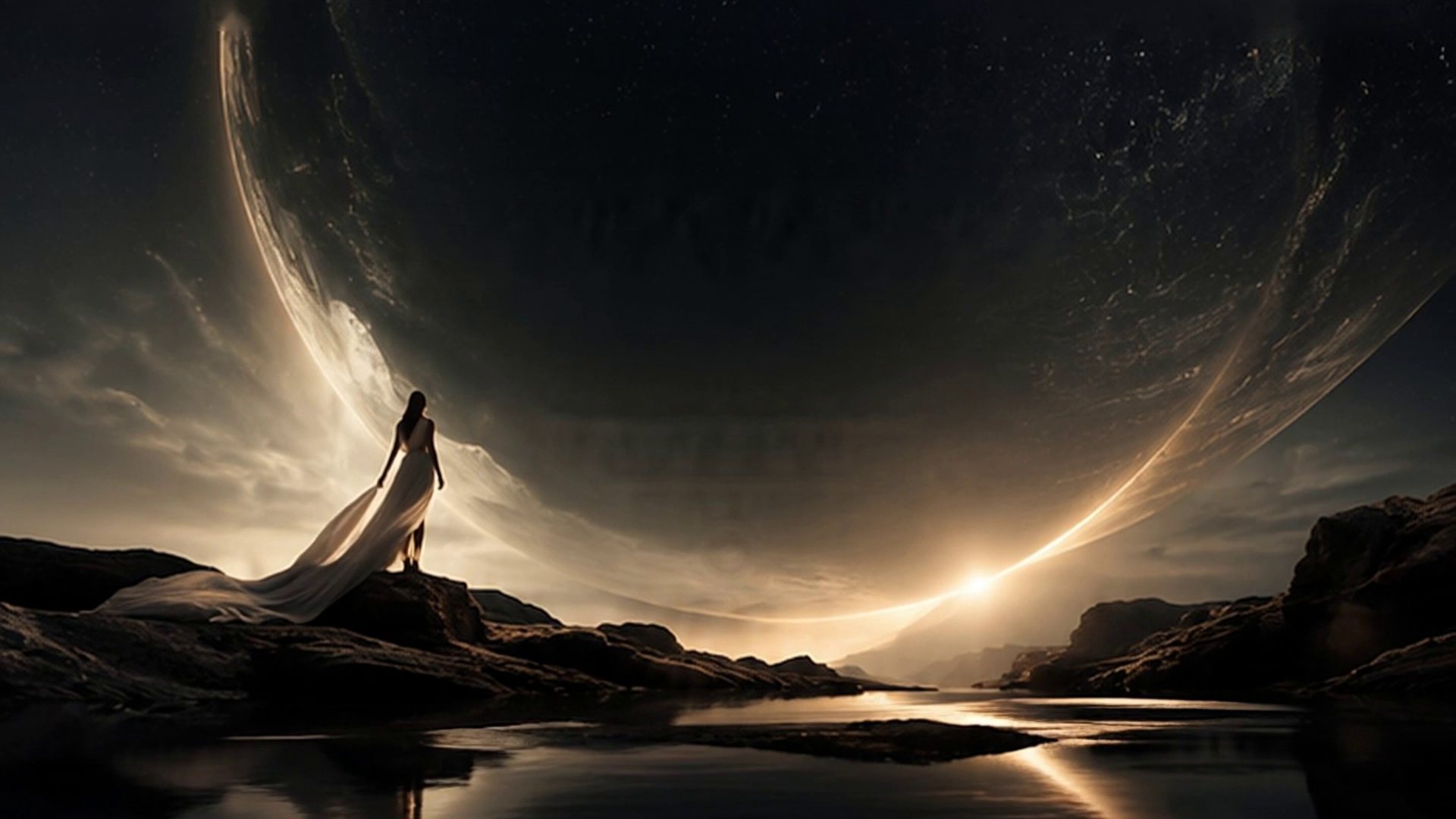 A solitary figure in a flowing white gown stands on dark rocks beneath an immense, luminous planet rising over still water.