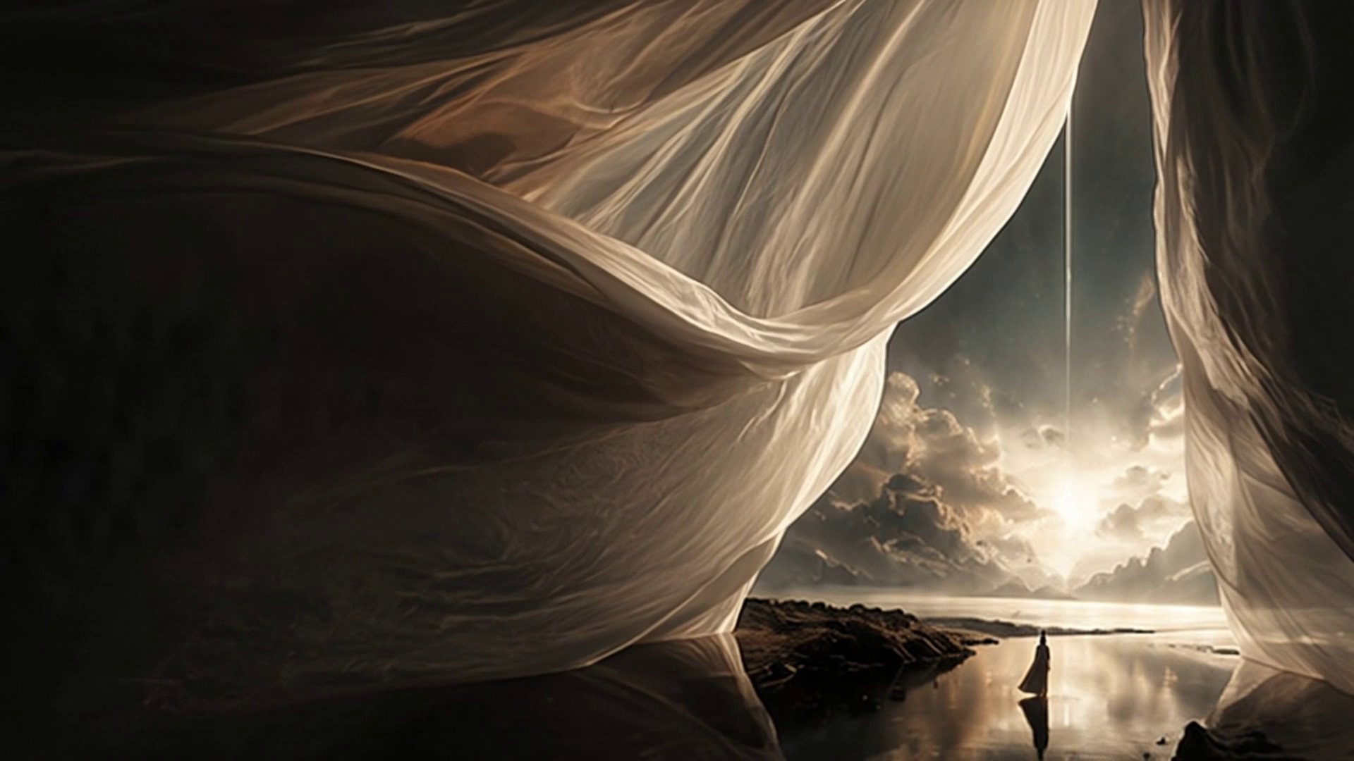 Vast translucent veils of fabric part like a cave mouth, opening onto a radiant sky and a lone figure standing at the water’s edge.