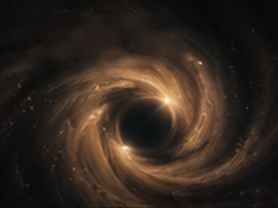 A golden spiral of light turning around a dark centre.